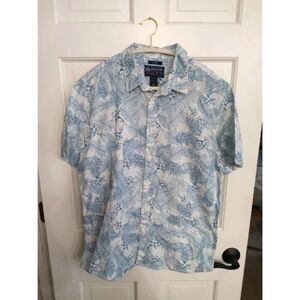 $American Rag men's L lightweight button up blue Palm leaves Hawaiian luau